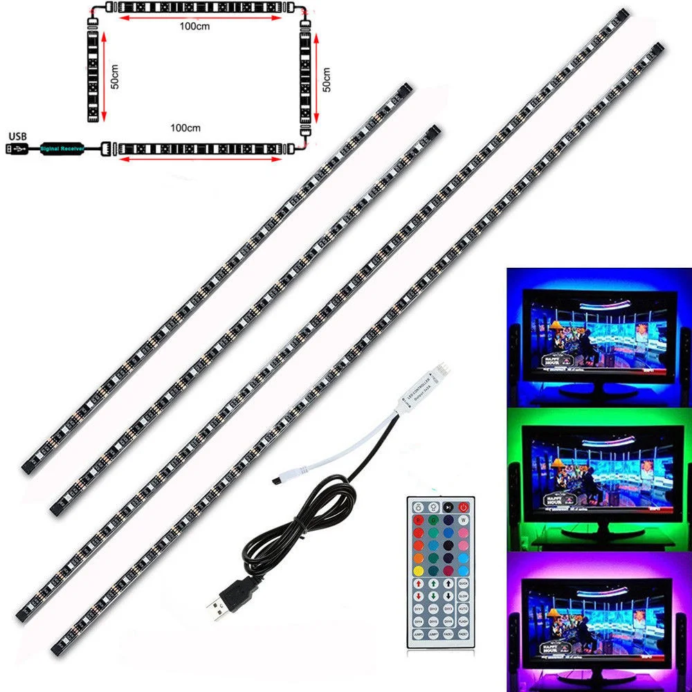 

2x50cm 2x100cm RGB LED Strip Light 5V 5050 SMD Bar TV Background Computer Lighting Kit Led String+ USB 44 Keys Remote Control