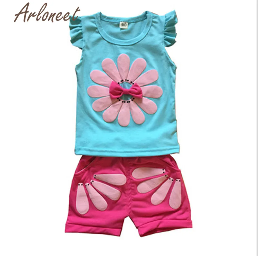 ARLONEET детская одежда для девочек топ с оборками хлопковая Футболка принтом шорты