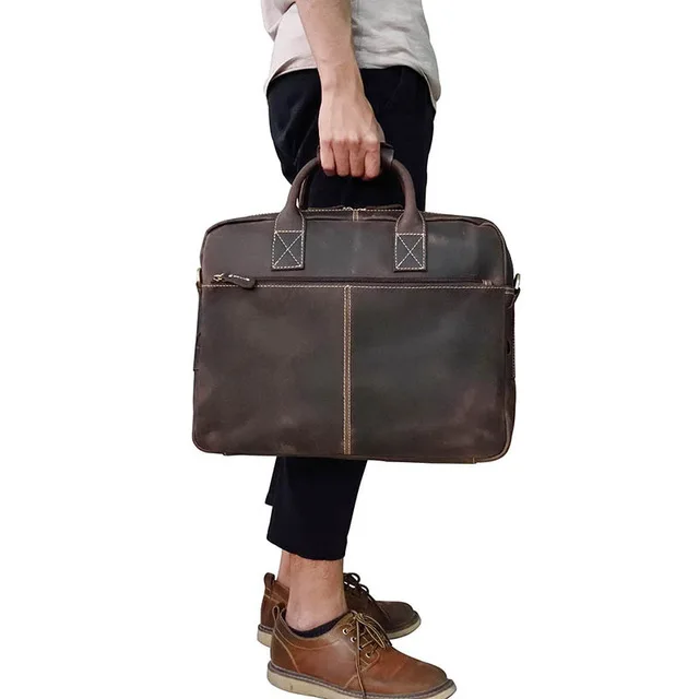 type2(zipper) Crazy Horse мужской портфель из натуральной кожи в винтажном стиле, 16 дюймов, большая деловая сумка для ноутбука, большая воловья кожа, мужская сумка через плечо - Цвет: type2(zipper)