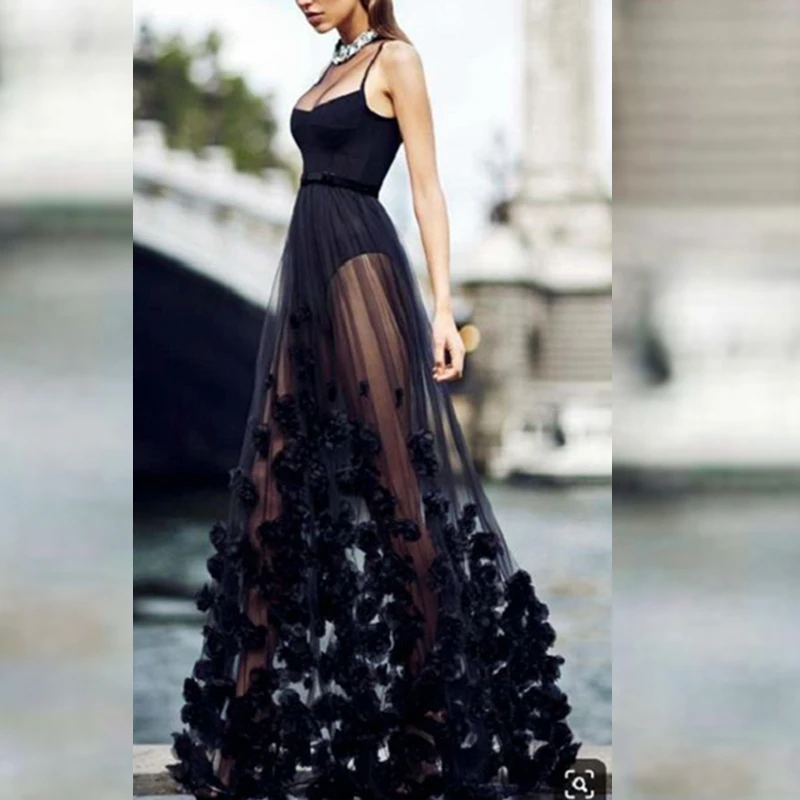 

2021 New Fashion Black Long Celebrity Evening Mesh Sexy Hollow Out Spaghetti Strap Summer Women Party Vestidos Bandage Dress