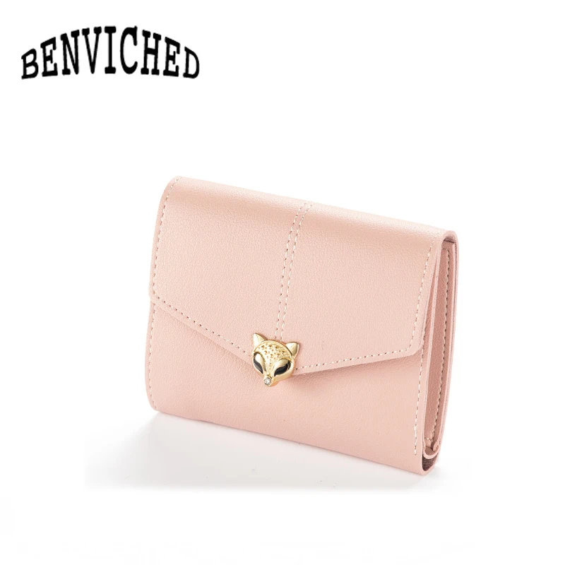 BENVICHED 2022 new women wallet cute small fox head Korean version of the three fold handbags simple fashion buckle R355 | Багаж и сумки