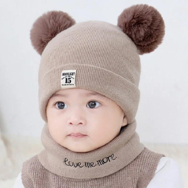 

Newborn Hat Crochet Double Pompom Hat Baby Cap Scarf 2PCS Set Letter Love Me More Infant Hats Caps Baby Accessories