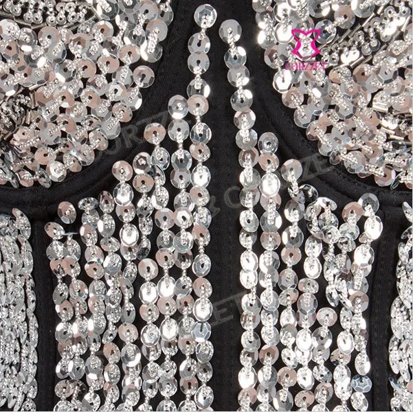 Женский бюстгальтер с чашками пуш-ап серебристый блестками и бусинами в стиле