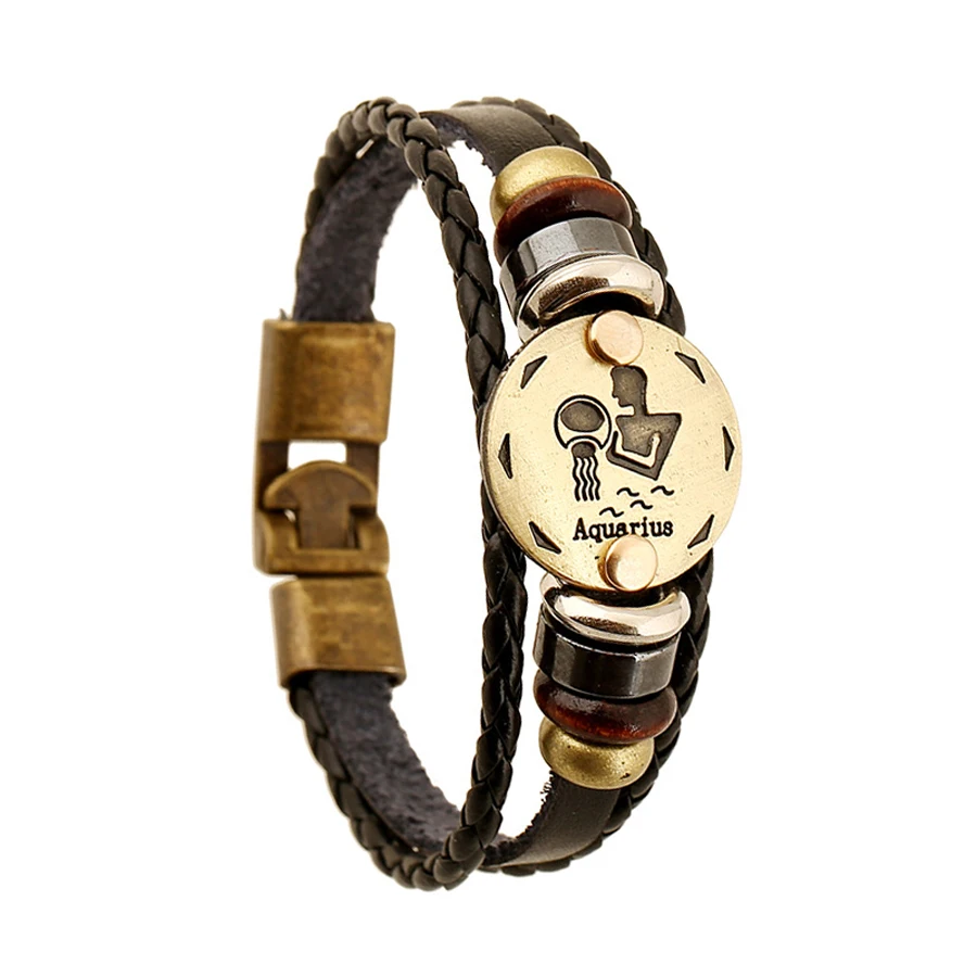 

Fashion Charm Jewelry Bronze Alloy Aquarius Leather Bracelet Punk Wooden Beads For Women & Men Multilayer Easy Buckles FS001-1