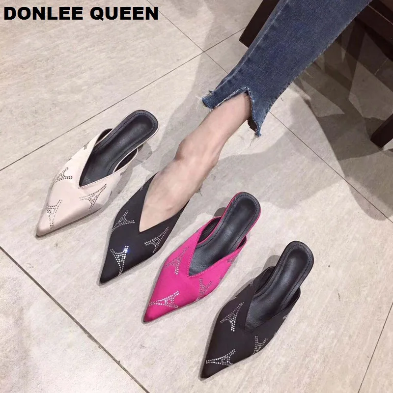 Женские шлепанцы на низком каблуке Модные фирменные дизайнерские шелковые