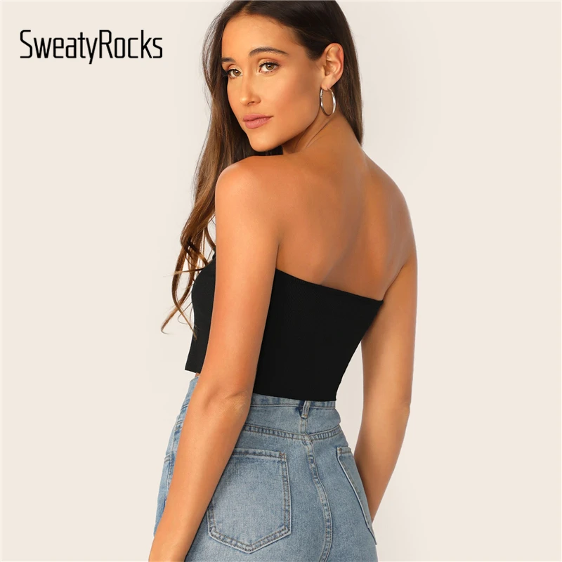 SweatyRocks сплошной ребристый вязаный укороченный топ женский черный бандо без бретелек труба летние топы Женский Уличная облегающий сексуальный жилет