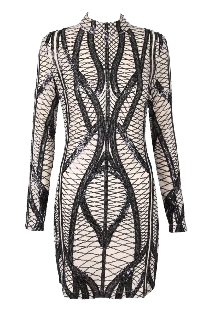 Женское мини-платье с длинным рукавом Черное вечернее платье блестками и