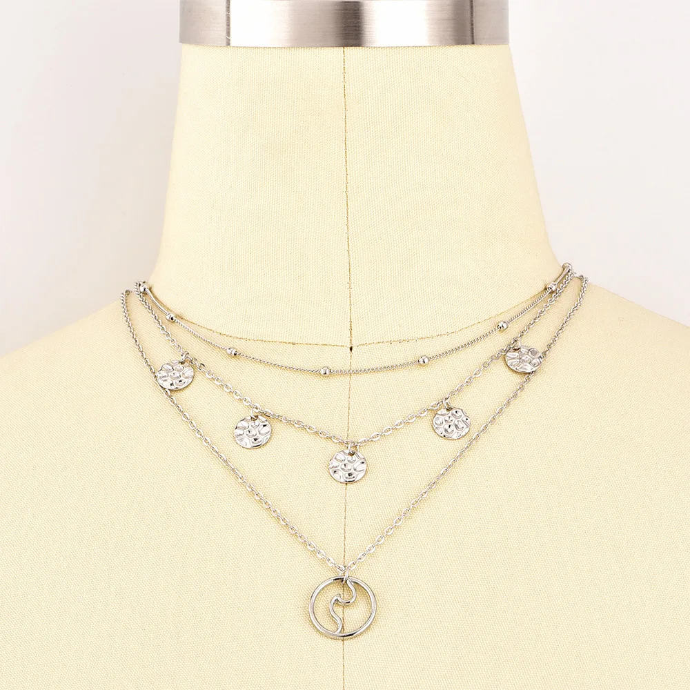 Многослойные Лидер продаж Этническая ожерелье ретро серебро цвет полый Круглый