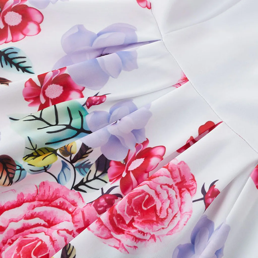 Female Fashion hot Dress casual Rose Printed Women's Summer Sexy Round Neck Waist Print vestido mujer verano | Женская одежда