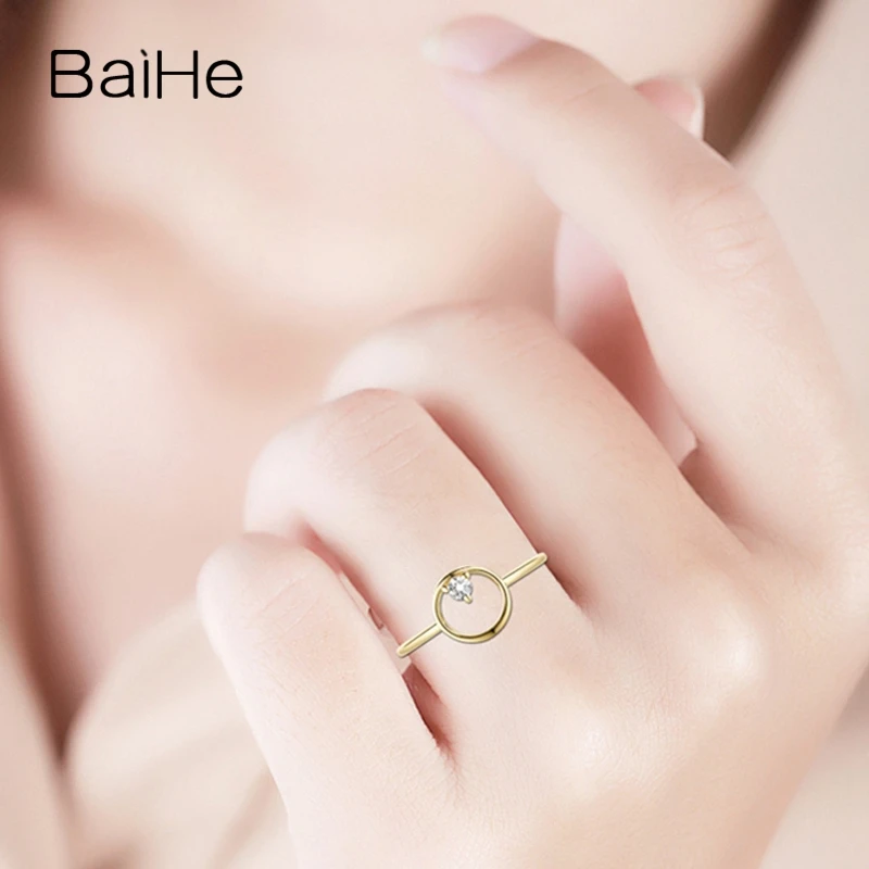 BAIHE Solid из 18 ти кратного желтого золота 0.05ct H/SI Круглый Природные Алмазы кольцо для