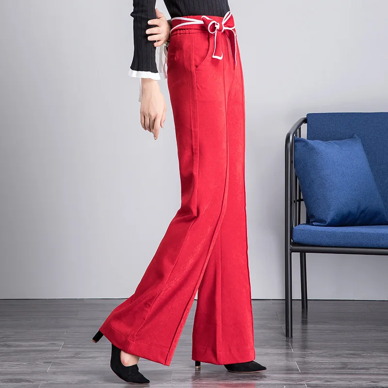 Женские модные однотонные черные и красные широкие брюки с высокой талией