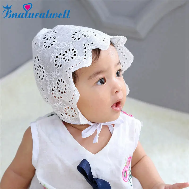 Bnaturalwell Baby Girls White Cotton bonnet Flowers decor sunhat Size 2-12m Christening Bonnet Gift Newborn Photo Prop H201S | Детская