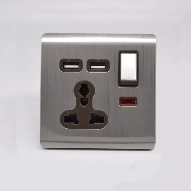 universal wall socket 13A with switch double USB stainless steel wire UK/US/EUR | Обустройство дома