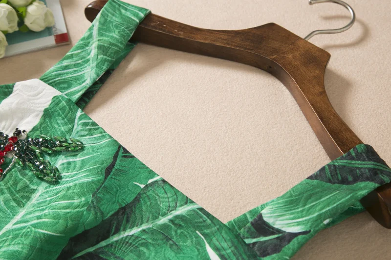 Блестками Широкие бретельки зеленые банановые листья принтом спагетти платье