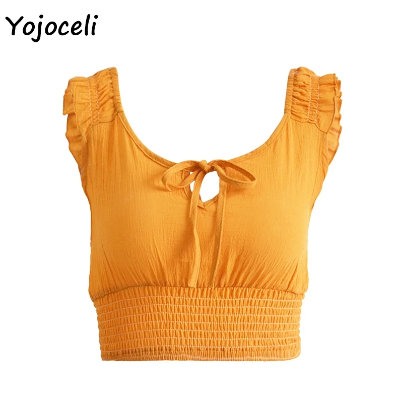 Женская пляжная блузка Yojoceli белая короткая в стиле бохо с оборками и бантом лето