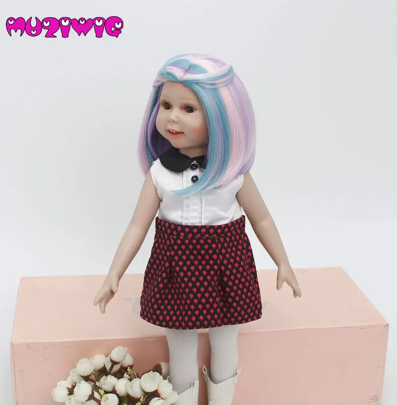 Heat resistant fiber short blue pink purple blended girl style doll wigs for 18'' Height American accessories | Игрушки и хобби