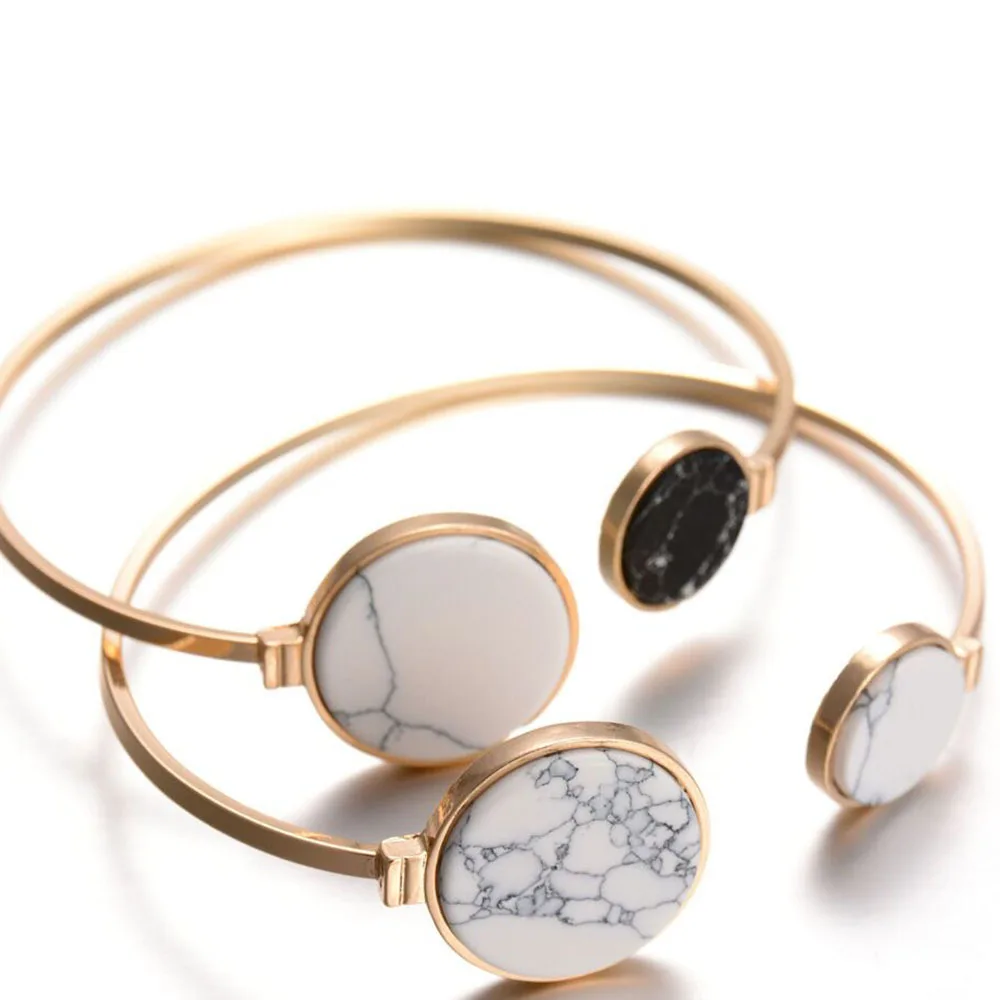 G.YCX Vintage White Black Faux Marble Stone Paired Bracelets Geometric Round Gold Circle Best Friend Bracelet For Women Bijoux | Украшения