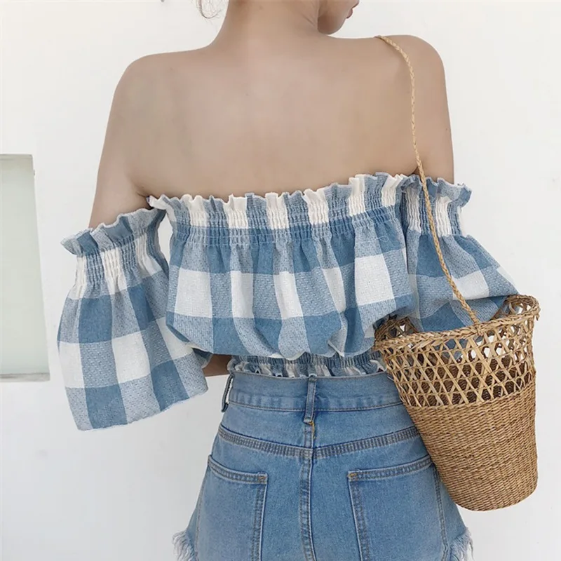 

Women Sexy Off Shoulder Top Half Sleeve Pullover Casual Blouse Fashion Flare Sleeve Plaid Chiffon Blouse Crop Top Feamle