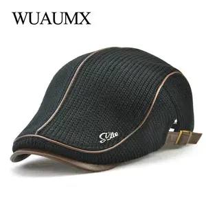 Wuaumx Autumn Winter Crochet Beret Buckle Hats For Men Beret Cap Women Military Visors Thicken Wool 