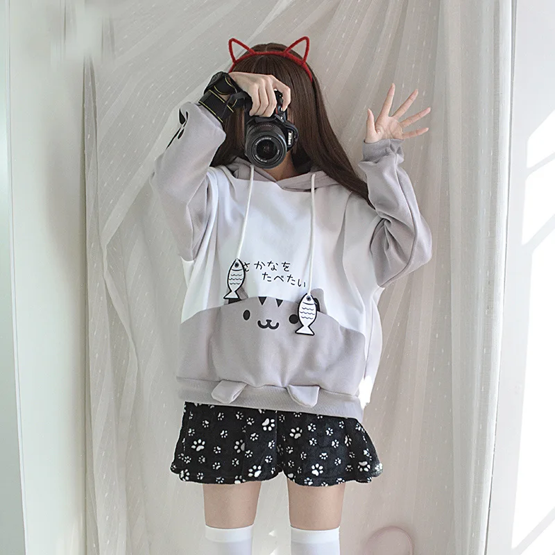 WXCTEAM Neko Atsume толстовка с милым котом на заднем дворе Kawaii кошачьи уши теплые толстовки с капюшоном в японском стиле Харадзюку женский шикарный пуловер для девочек