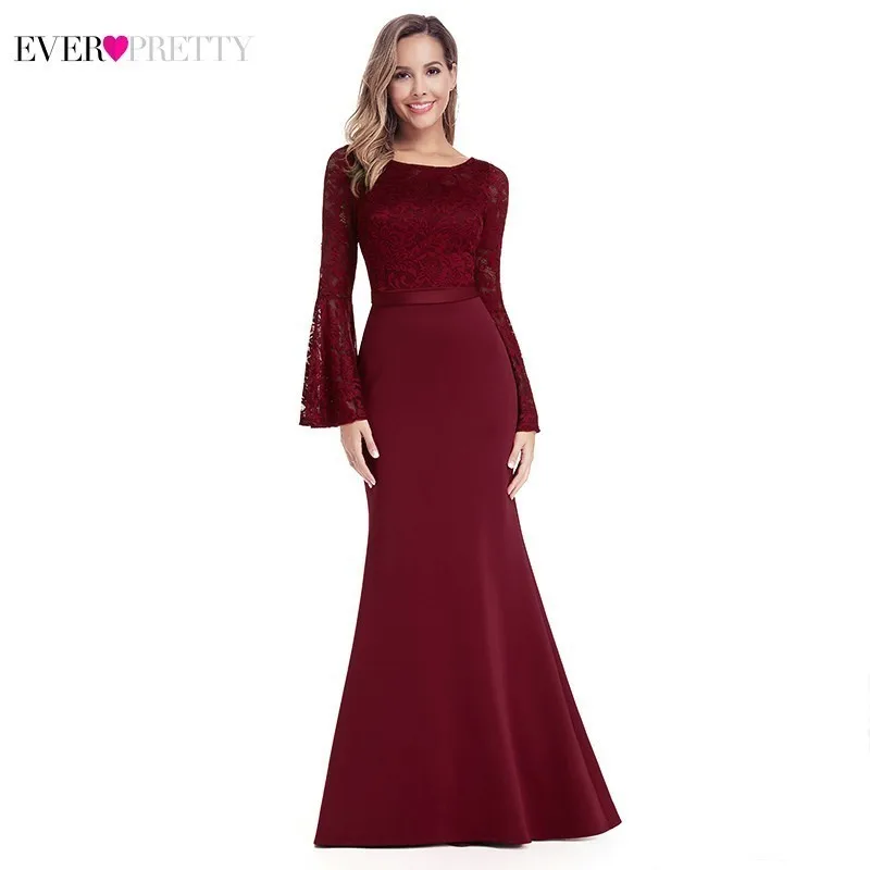 Бордовые длинные платья для выпускного вечера Ever Pretty Русалка o-образным вырезом кружева полный рукав Элегантные женские вечерние платья Vestidos De Gala