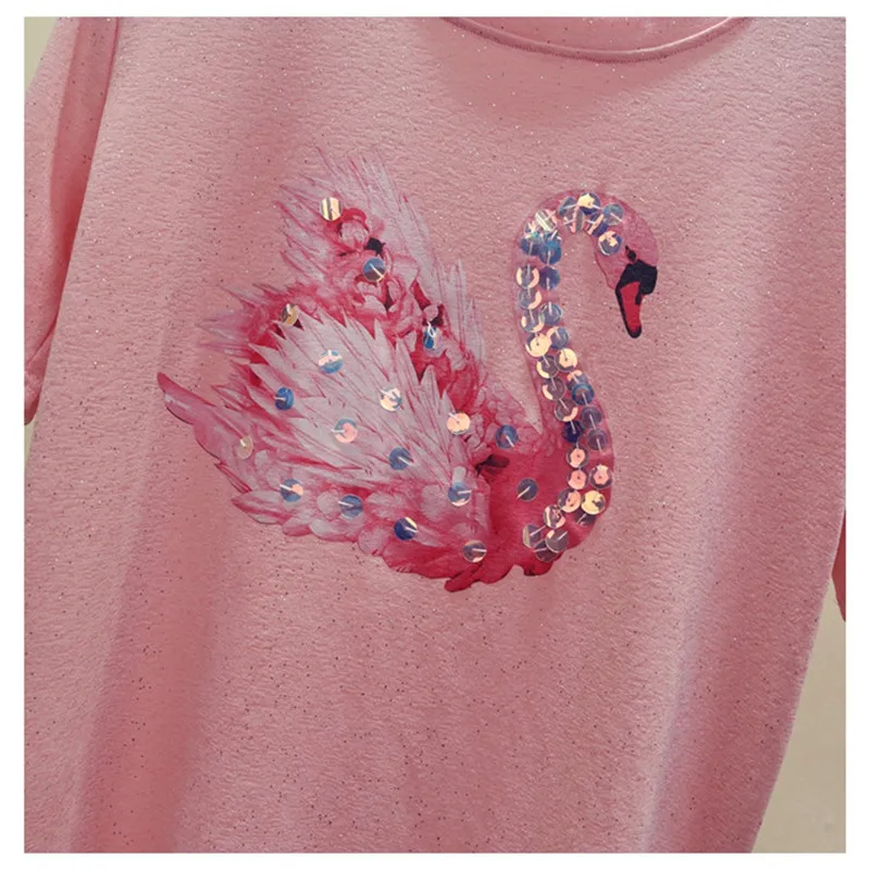 

2019 New summer style Sequins ice silk With the swan pattern round collar short sleeve T-shirt Fashion loose ice silk ladies top