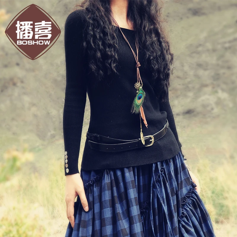 Boshow на осень-зиму женщины chromophous круглым вырезом кофта классическая блузка