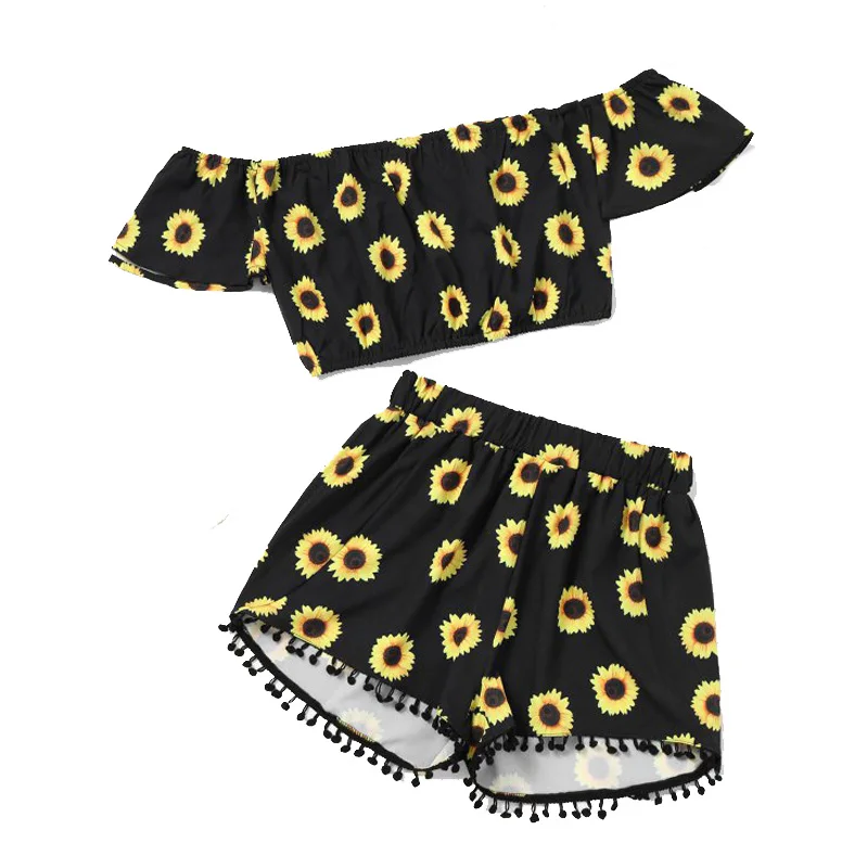 New 2020 Summer Female Sunflower Print One Shoulder Short Jacket Floral Slash Neck Tassel Shorts Women Suit WS127 |