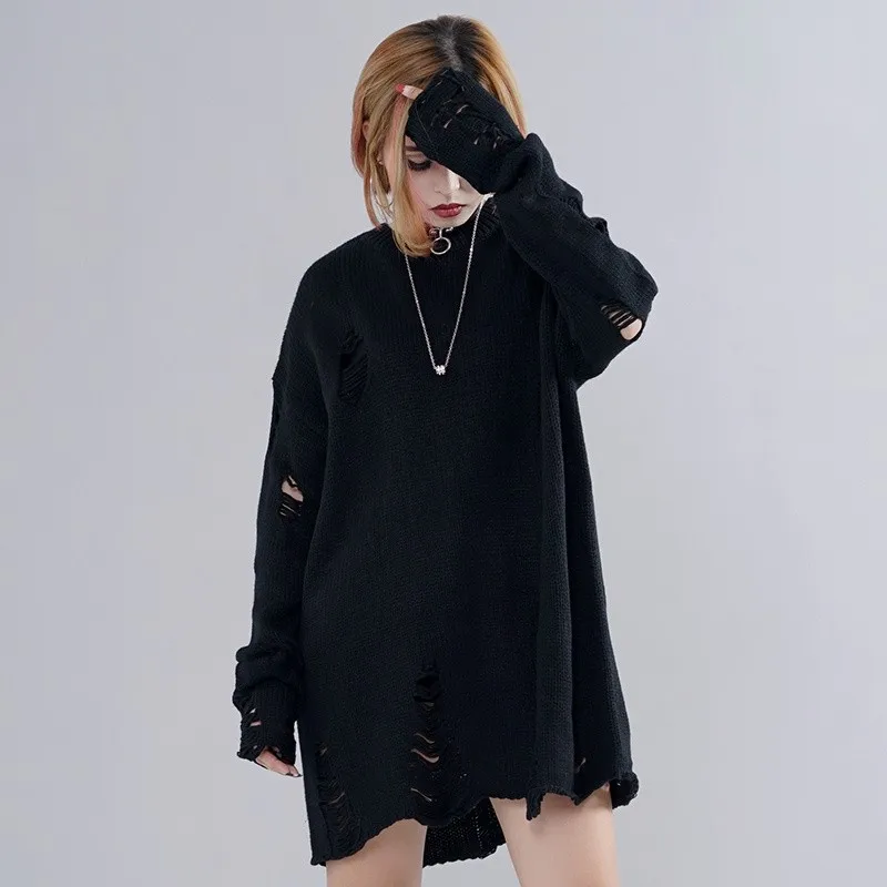 Мешковатый пуловер для мужчин Модный повседневный черный с дырками влюбленных |