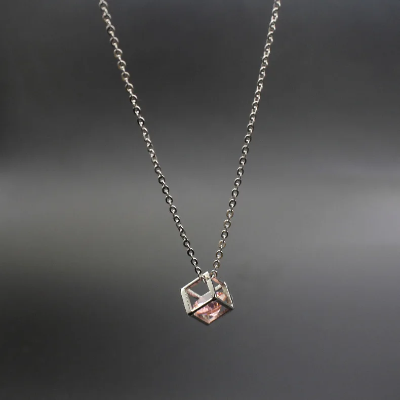 Stainless Steel Pendant Necklace Cube with White Pink Cubic Zircon Pendants for Women Fashion Jewelry 45cm Chain Free |