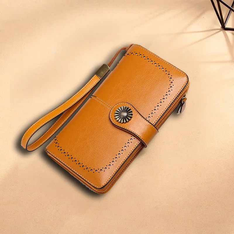 Коричневый Aliwood Brand Hollow Women Clutch Leather Wallet Female Long Wallet Women Zipper Purse Strap Money Bag Purse For iPhone Carteira - Цвет: Коричневый