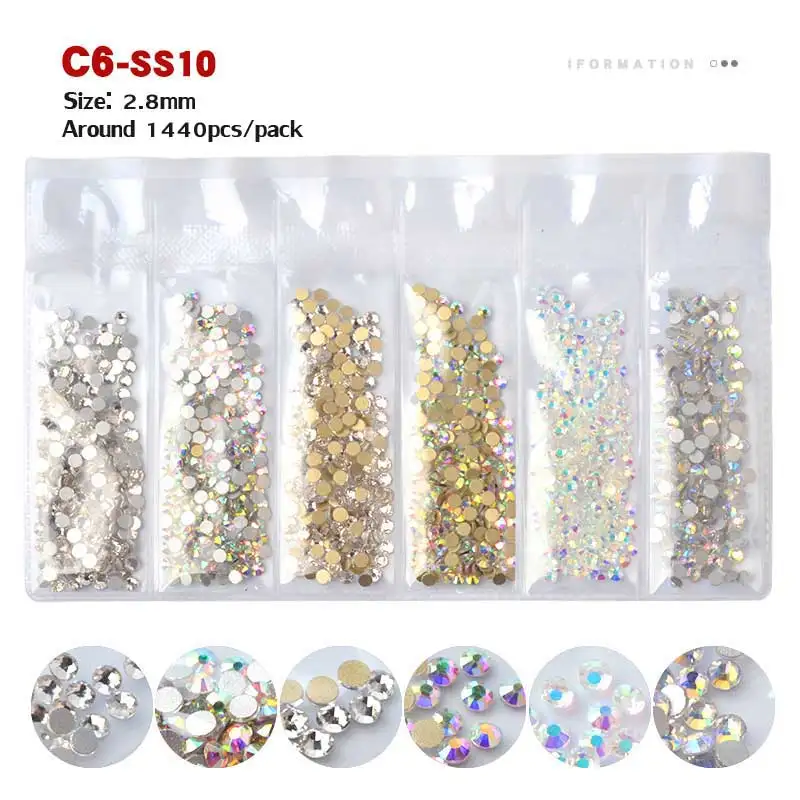 C6-SS10 1440 шт цветные стразы SS3-SS10 не горячей фиксации Хрустальные Стразы 3d плоские с оборота стеклянные стразы для дизайна ногтей блестящие украшения - Цвет: C6-SS10