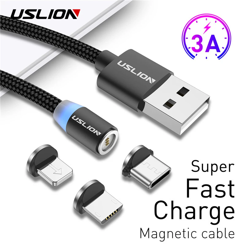 USLION Магнитный usb кабель передачи данных для быстрой зарядки 2 м 3A светодиодный Micro