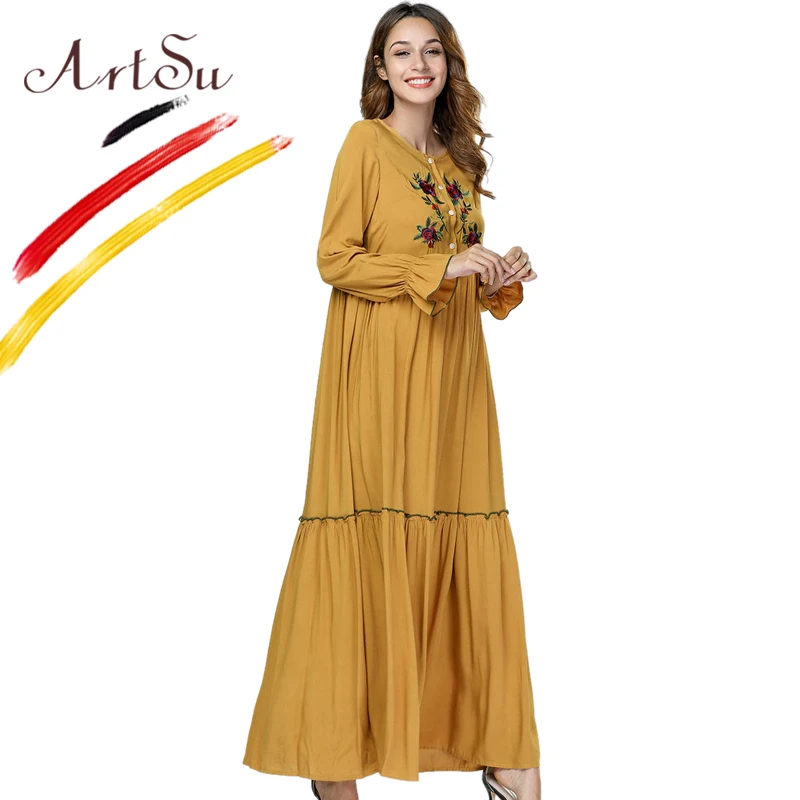 Арцу жёлтое винтажное этническое Цветочное платье макси с вышивкой женское