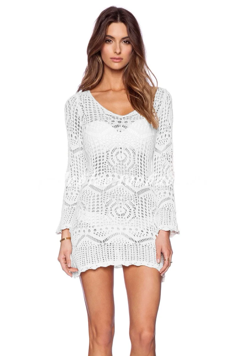 Женское прозрачное пляжное платье Белое Прозрачное купальник с кружевом кроше