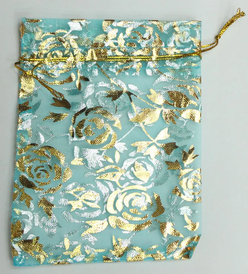 

Wholesale 100pcs/lot 10x12cm Rose Gold Bronzing Organza Lake Blue Bags Jewelry Bags And Packaging Small Drawstring Pouches