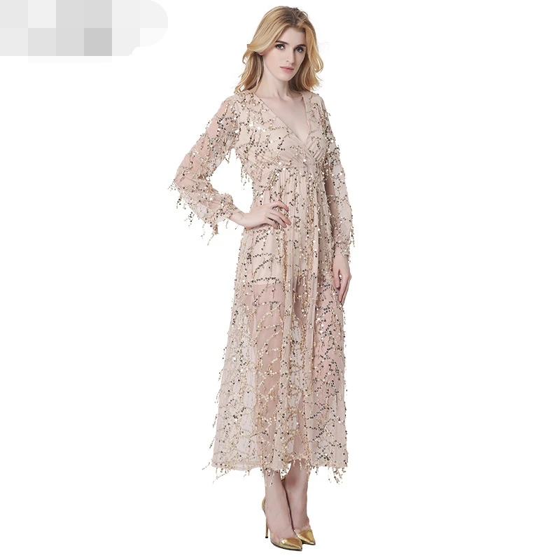 Женское платье с кисточками длинное Сетчатое блестками и треугольным вырезом