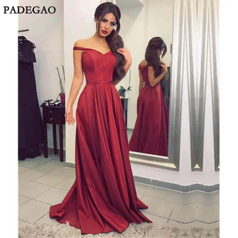 

Cheap Red Evening Dresses Long A-Line Off Shoulder V-Neck Pleat Sweep Train Formal Simple Evening Dress Plus Size