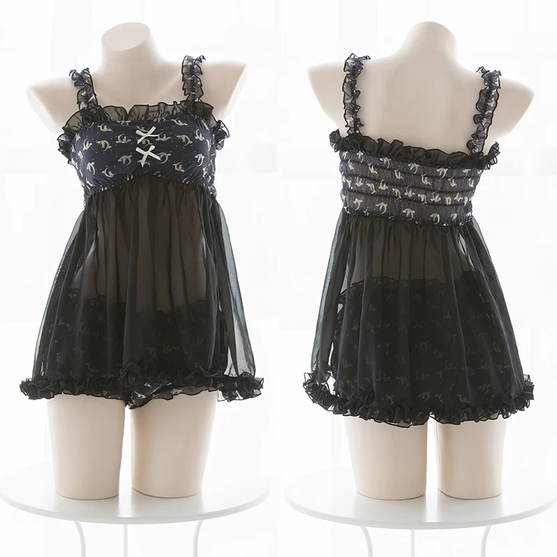 Сексуальное женское нижнее белье с милым рисунком Луны кота японский бант рюшами