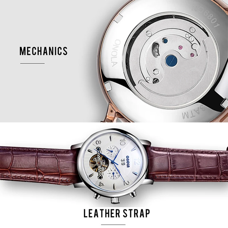 ONOLA Moon phase Топ бренд автоматические механические часы турбийон выдалбливают