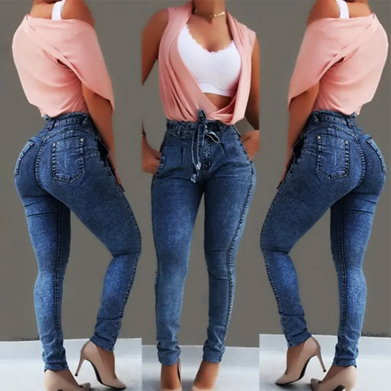 2020 Summer High Waist denim jeans womens Streetwear Bandage Skinny Stretch Pencil Pants Mom Jeans Mujer Plus Size | Женская одежда