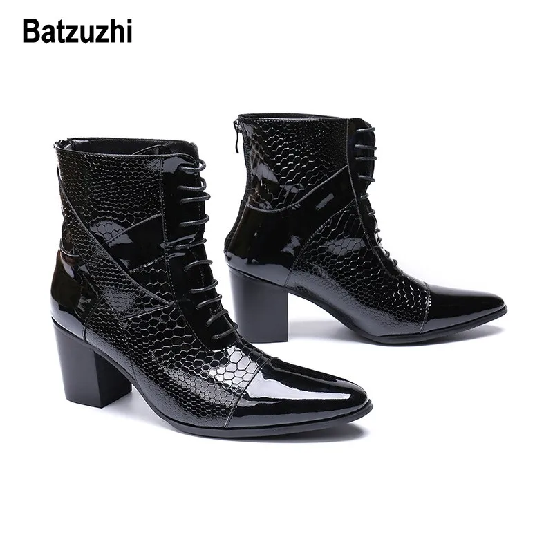 Batzuzhi 7cm High Heel Boots Men Lace-up Handsome Leather Dress Black Party and Wedding Designer botas hombre |