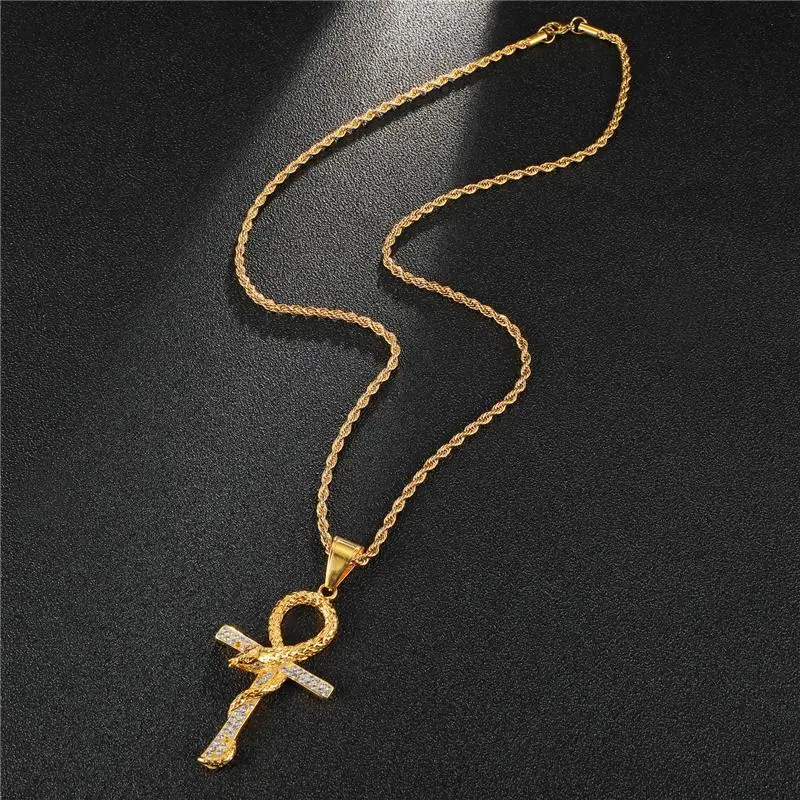 Хип-хоп крест змея со стразами Iced Out Bling ожерелья и подвески для мужчин ключ жизни
