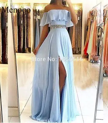 Light Blue Сексуальное синее вечернее платье-светильник без бретелек, длинное шифоновое платье трапециевидной формы с открытыми плечами, женские вечерние платья robe de soiree - Цвет: Light Blue