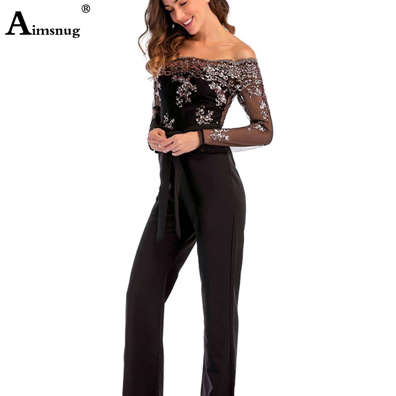 

Sexy Sequins Patchwork Rompers Womens Black Elegant Embroidery Sheer Mesh Jumpsuit Off Shoulder Backless Party Playsuit Overalls