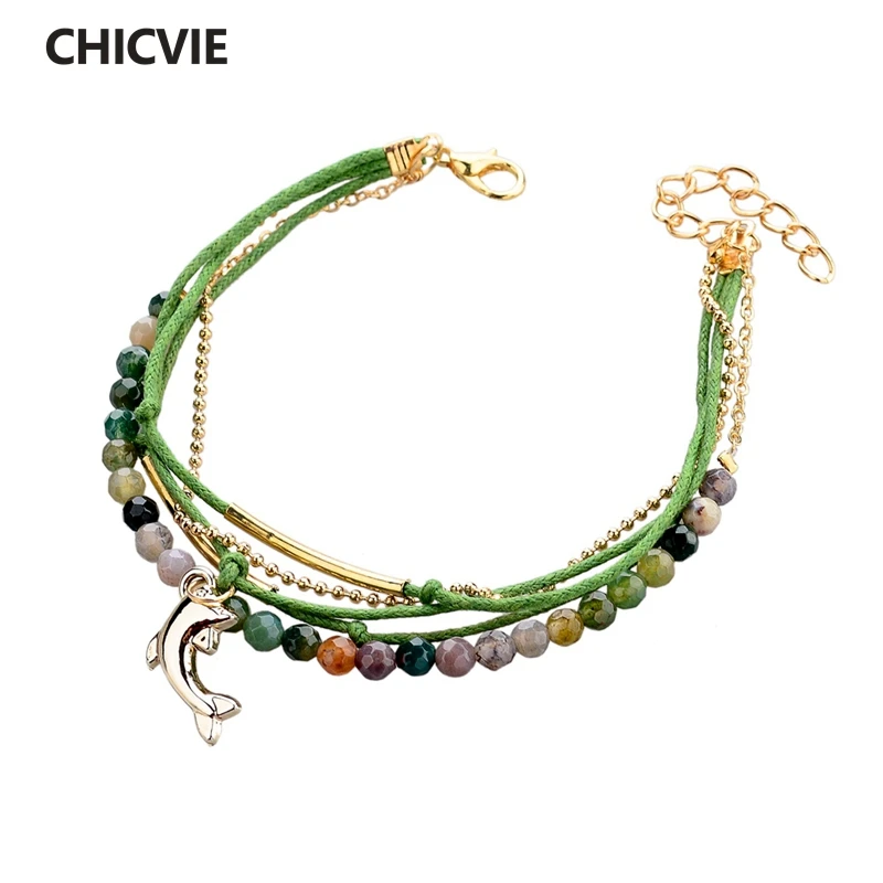 

CHICVIE Famous Brand Leather Wax Bracelet Natural Stone Beads Bracelets Bangle For Women Jewelry Gold Dolphin Bracelet SBR140613