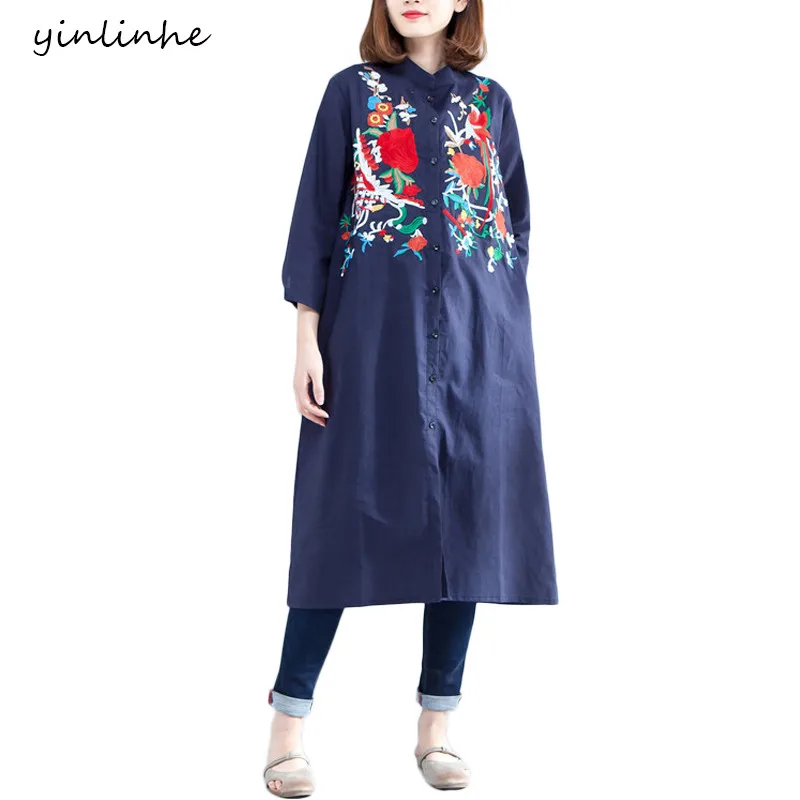 Yinlinhe цветочный Вышивка длинные Рубашки для мальчиков Для женщин весна хлопок