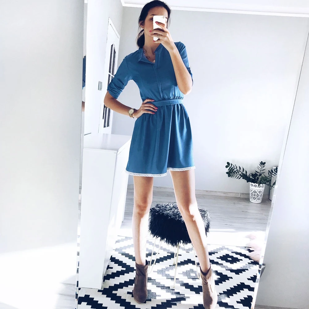 Женское Синее джинсовое платье Повседневное туника с v образным вырезом и