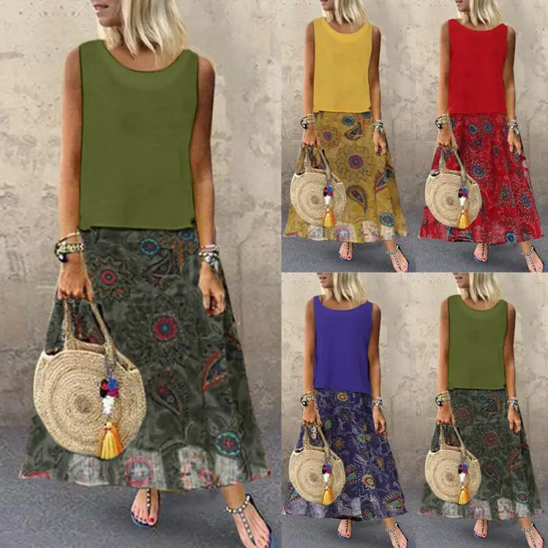 New fashion UK Women Sleeveless Boho Floral Long Maxi Dress Ladies Summer Sundress Holiday Tops |