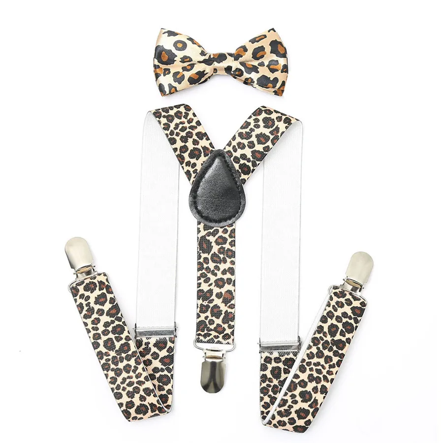 Leopard AWAYTR/комплект из 2 предметов, Детские подтяжки для мальчика, новые эластичные регулируемые подтяжки с бабочкой, Детские подтяжки в горошек для свадьбы - Цвет: Leopard